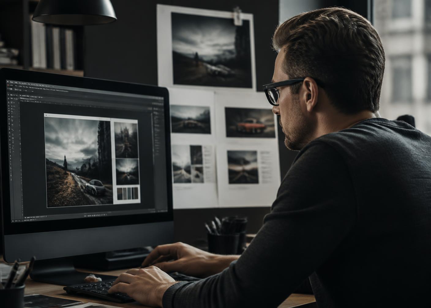 Designer developing digital advertising creative on a large desktop monitor