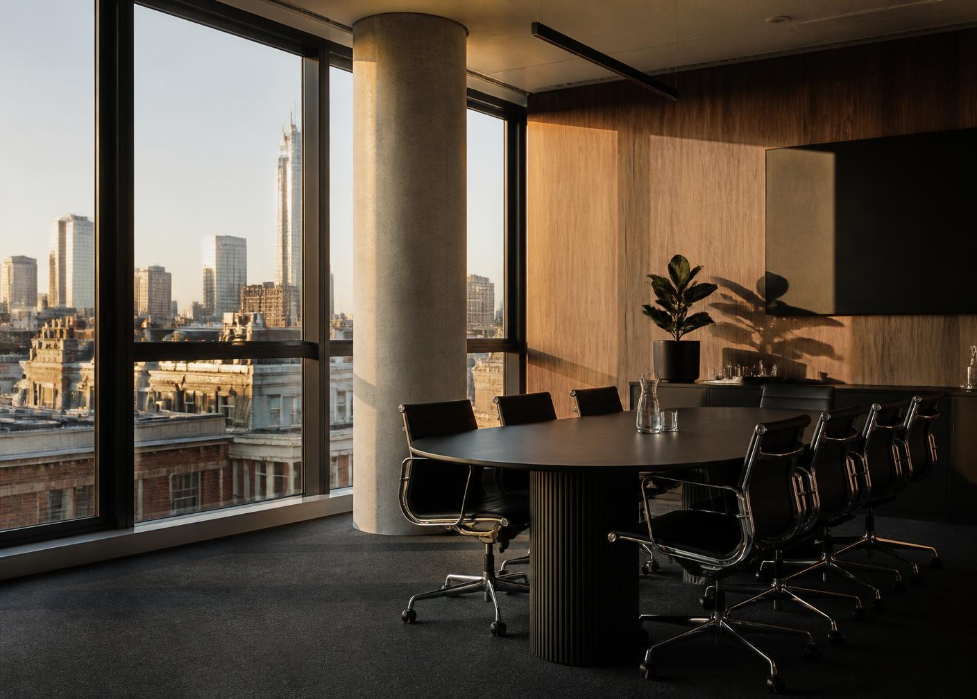 Quiet contemporary Melbourne meeting room at golden hour with city rooftops beyond the windows