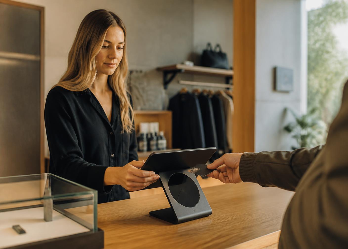 Retail staff member taking a contactless card payment on a modern tablet point-of-sale terminal