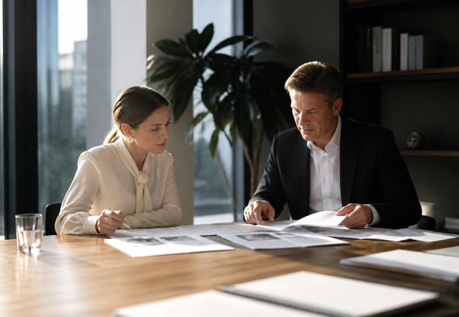 Two consultants reviewing a printed growth strategy at a boardroom table in a Melbourne office